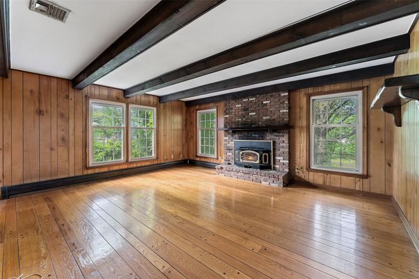 Empty room, Fireplace, Interior, Stone Walls, Wooden Beams, Wood Texture Flooring, Wooden Walls