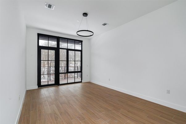 Empty room, Interior, Pendant Lights, Recessed Lighting, Wood Texture Flooring