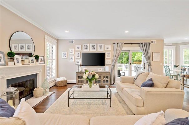 Dining room, Fireplace, Interior, Living room, Recessed Lighting, Wood Texture Flooring