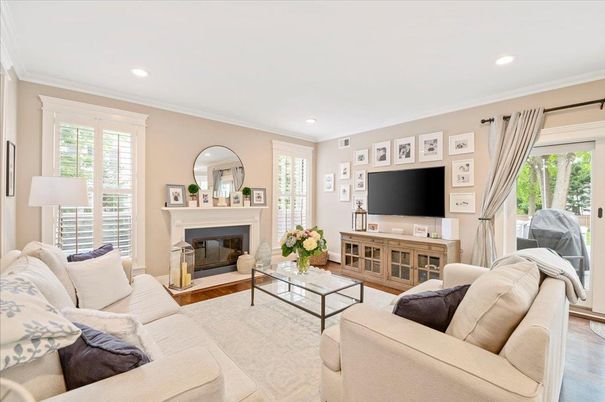 Fireplace, Interior, Living room, Recessed Lighting, Wood Texture Flooring