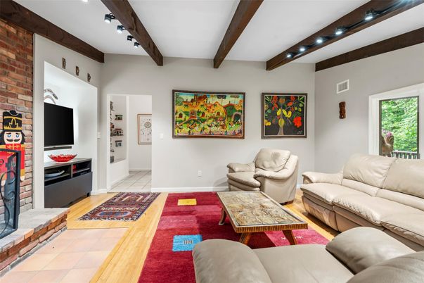 Interior, Living room, Recessed Lighting, Stone Walls, Wooden Beams