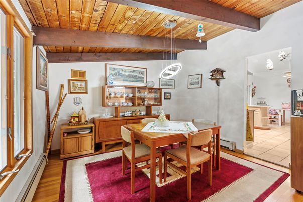 Dining room, Interior, Pendant Lights, Wooden Beams, Wooden Ceilings, Wood Texture Flooring