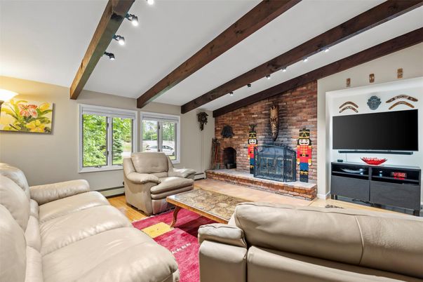 Fireplace, Interior, Living room, Recessed Lighting, Stone Walls, Wooden Beams