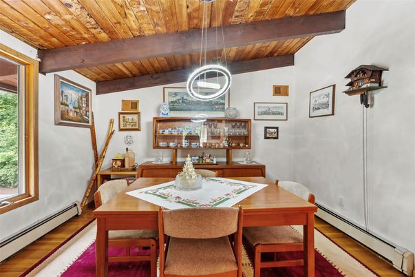 Dining room, Interior, Pendant Lights, Wooden Beams, Wooden Ceilings, Wood Texture Flooring