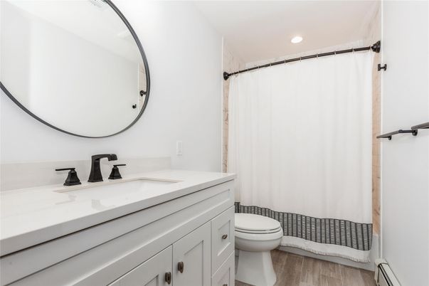 Bathroom, Interior, Recessed Lighting, Wood Texture Flooring