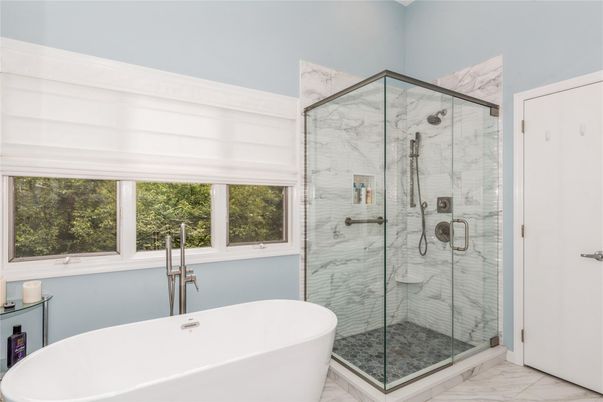 Bathroom, Free Standing Baths, Glass Shower, Interior, Marble, Marble Walls