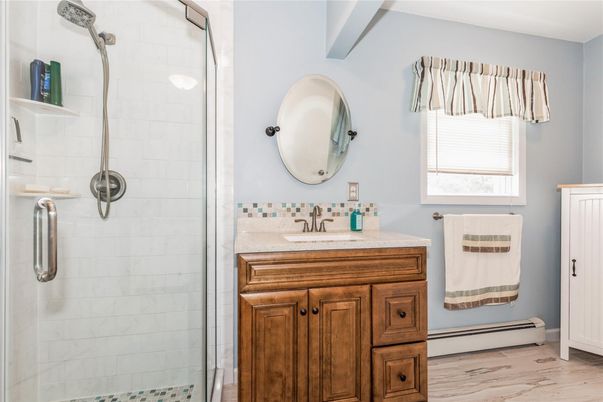 Bathroom, Glass Shower, Interior, Wood Texture Flooring