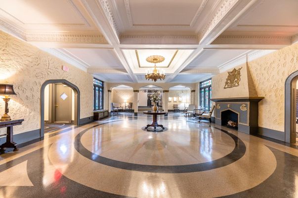 Chandelier, Fireplace, Interior