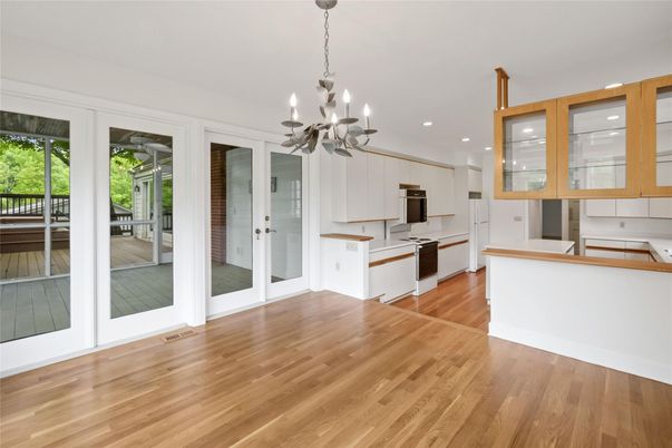Chandelier, Interior, Kitchen, Recessed Lighting, Wood Texture Flooring