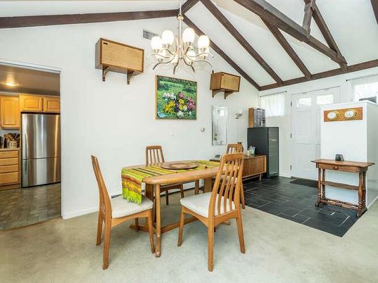 Chandelier, Dining room, Interior, Kitchen, Stainless Steel Appliances, Wooden Beams