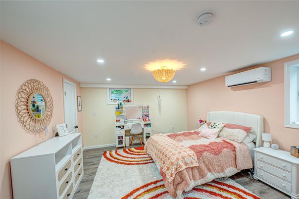 Bedroom, Chandelier, Home Office, Interior, Recessed Lighting, Wood Texture Flooring