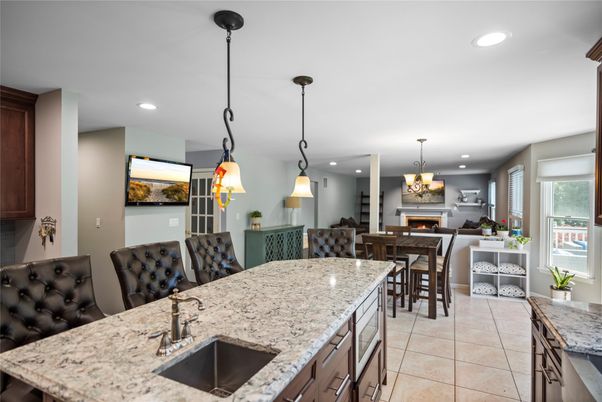 Dining room, Fireplace, Interior, Kitchen, Pendant Lights, Recessed Lighting