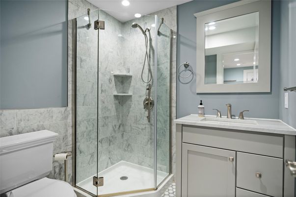Bathroom, Glass Shower, Interior, Marble Walls, Recessed Lighting