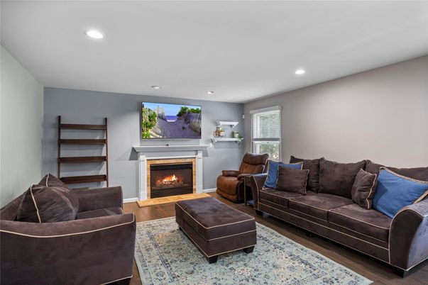 Fireplace, Interior, Living room, Recessed Lighting, Wood Texture Flooring
