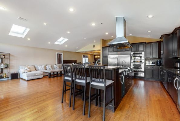 Interior, Kitchen, Living room, Recessed Lighting, Stainless Steel Appliances, Wood Texture Flooring