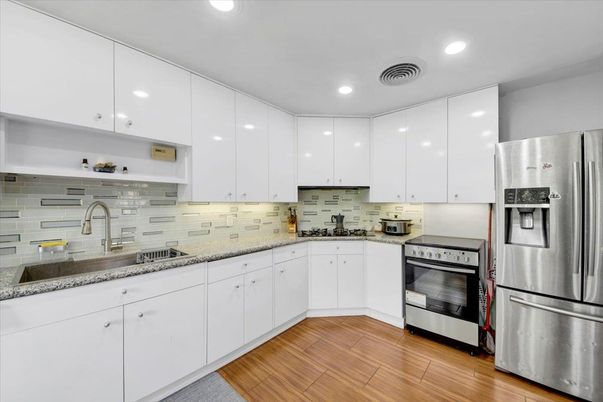 Interior, Kitchen, Recessed Lighting, Stainless Steel Appliances, Wood Texture Flooring