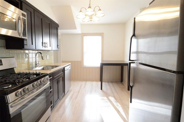 Chandelier, Interior, Kitchen, Stainless Steel Appliances, Wood Texture Flooring