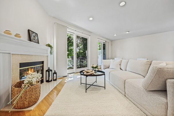 Fireplace, Interior, Living room, Recessed Lighting, Wood Texture Flooring