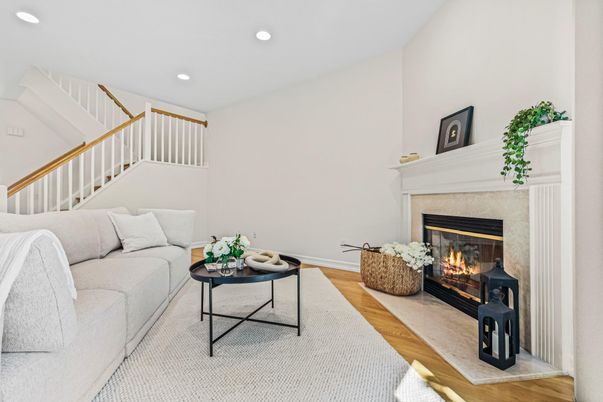 Fireplace, Interior, Living room, Recessed Lighting, Wood Texture Flooring