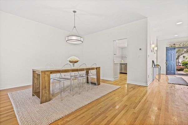 Dining room, Interior, Kitchen, Pendant Lights, Recessed Lighting, Wood Texture Flooring