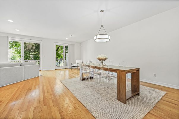 Dining room, Interior, Pendant Lights, Recessed Lighting, Wood Texture Flooring