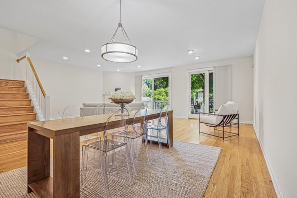 Dining room, Interior, Pendant Lights, Recessed Lighting, Wood Texture Flooring