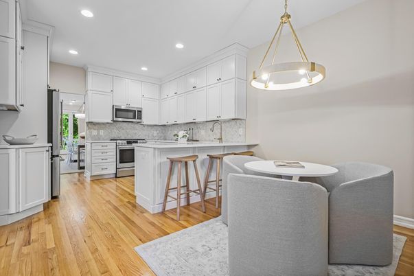 Interior, Kitchen, Pendant Lights, Recessed Lighting, Stainless Steel Appliances, Wood Texture Flooring