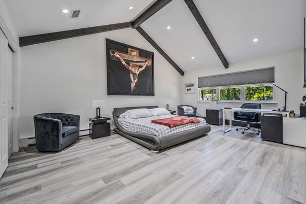Bedroom, Home Office, Interior, Recessed Lighting, Wooden Beams, Wood Texture Flooring