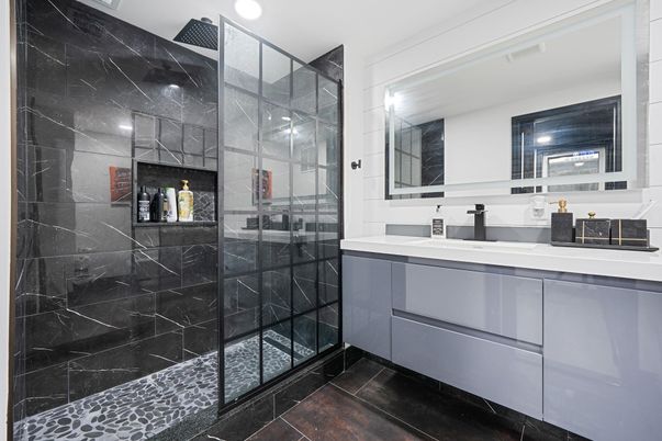 Bathroom, Glass Shower, Interior, Marble Walls, Recessed Lighting