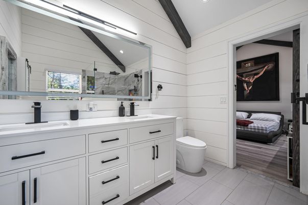 Bathroom, Dual Sink Vanities, Interior, Recessed Lighting, Wooden Beams, Wood Texture Flooring