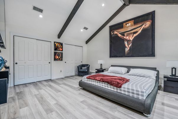 Bedroom, Interior, Recessed Lighting, Wooden Beams, Wood Texture Flooring