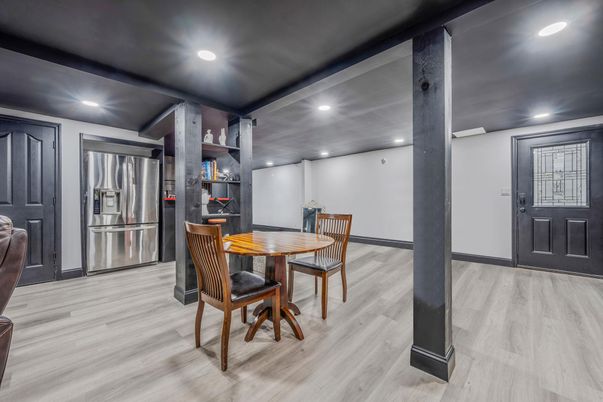 Dining room, Interior, Kitchen, Recessed Lighting, Stainless Steel Appliances, Wood Texture Flooring