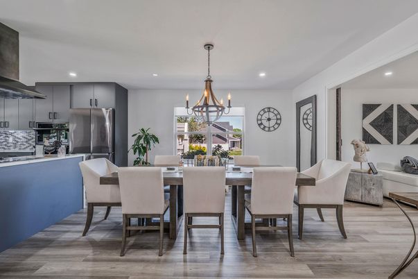 Chandelier, Dining room, Interior, Kitchen, Recessed Lighting, Stainless Steel Appliances, Wood Texture Flooring