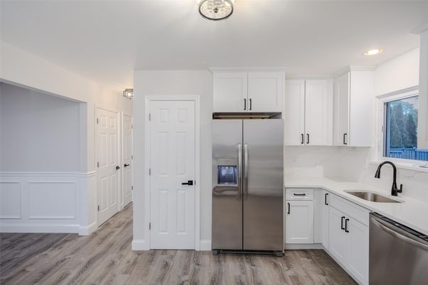Interior, Kitchen, Recessed Lighting, Stainless Steel Appliances, Wood Texture Flooring
