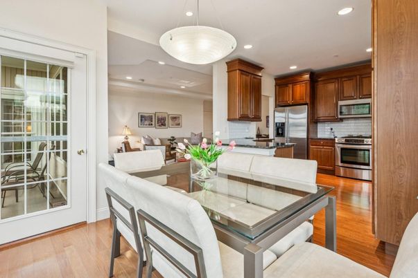 Dining room, Interior, Kitchen, Living room, Pendant Lights, Recessed Lighting, Stainless Steel Appliances, Wood Texture Flooring