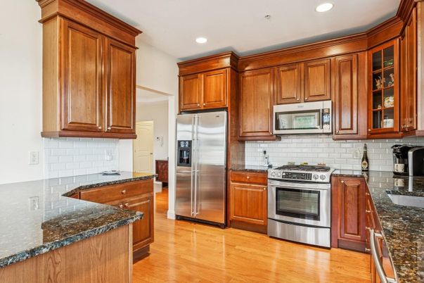 Interior, Kitchen, Recessed Lighting, Stainless Steel Appliances, Wood Texture Flooring