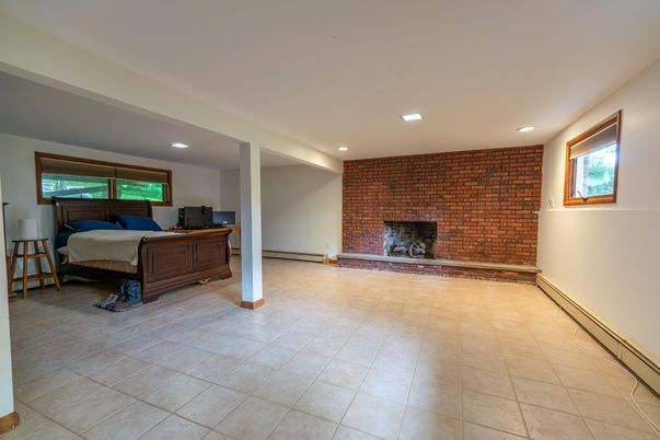 Bedroom, Fireplace, Interior, Recessed Lighting, Stone Walls