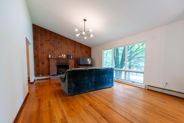 Fireplace, Interior, Living room, Pendant Lights, Wood Texture Flooring, Wooden Walls