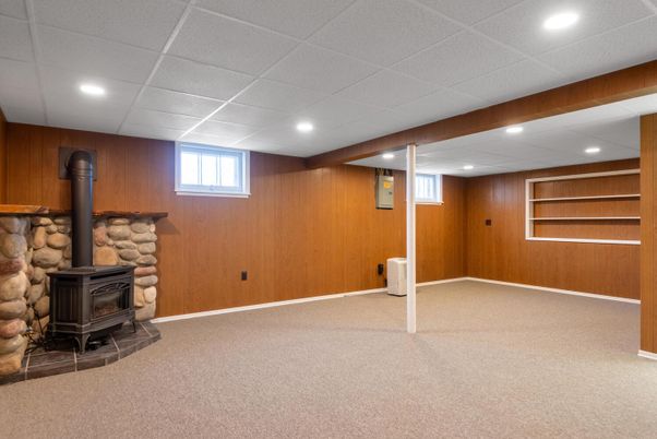 Empty room, Fireplace, Interior, Recessed Lighting, Wooden Walls