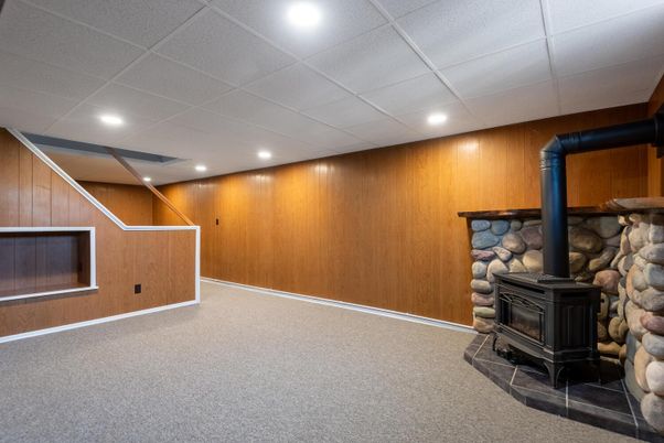 Fireplace, Interior, Recessed Lighting, Stone Walls, Wooden Walls