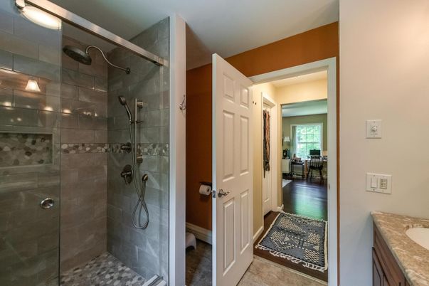 Bathroom, Glass Shower, Interior, Wood Texture Flooring