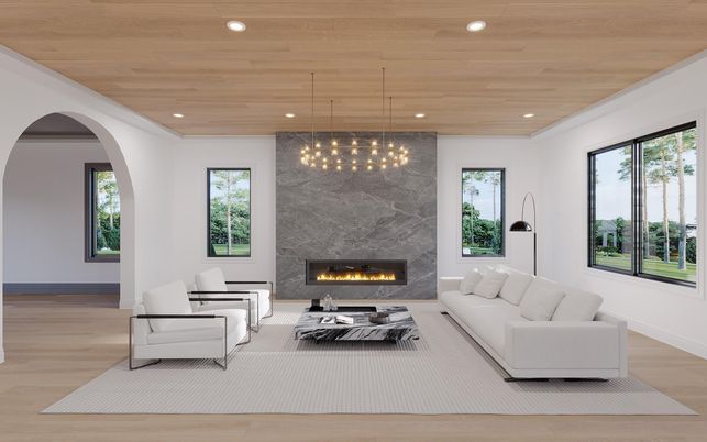 Fireplace, Interior, Living room, Pendant Lights, Recessed Lighting, Wooden Ceilings, Wood Texture Flooring