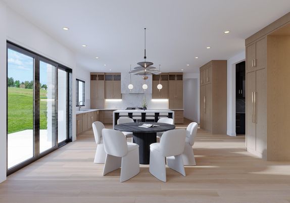 Dining room, Interior, Kitchen, Pendant Lights, Recessed Lighting, Wood Texture Flooring
