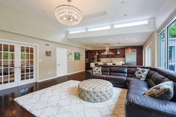 Chandelier, Interior, Kitchen, Living room, Recessed Lighting, Stainless Steel Appliances, Wood Texture Flooring