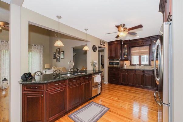 Interior, Kitchen, Pendant Lights, Stainless Steel Appliances, Wood Texture Flooring