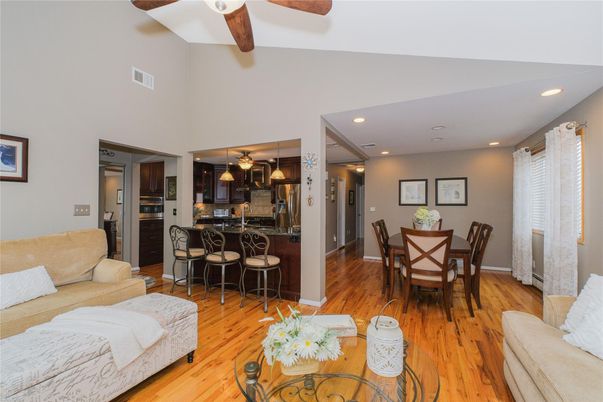 Dining room, Interior, Kitchen, Living room, Recessed Lighting, Wood Texture Flooring