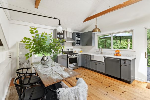 Dining room, Interior, Kitchen, Pendant Lights, Stainless Steel Appliances, Wooden Beams, Wood Texture Flooring