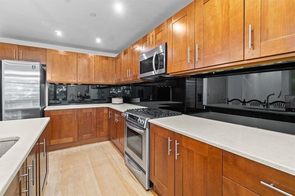 Interior, Kitchen, Recessed Lighting, Stainless Steel Appliances, Wood Texture Flooring