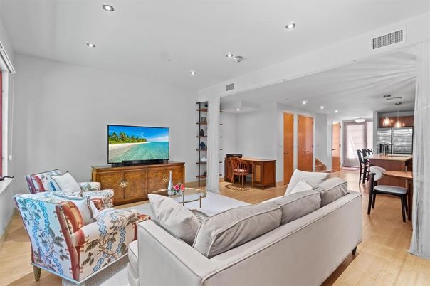 Dining room, Interior, Living room, Pendant Lights, Recessed Lighting, Wood Texture Flooring