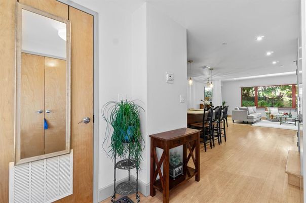 Dining room, Interior, Living room, Pendant Lights, Recessed Lighting, Wood Texture Flooring